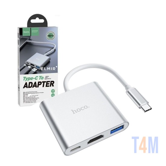 Adaptador de Áudio Hoco HB14 Easy Use Tipo-C (Tipo C para USB3.0+HDMI+PD) Prata